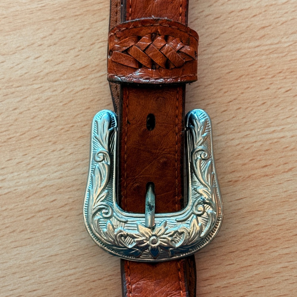 Western Scalloped Concho Belt Silver Engraved Buckle Brown Ostrich Print Large